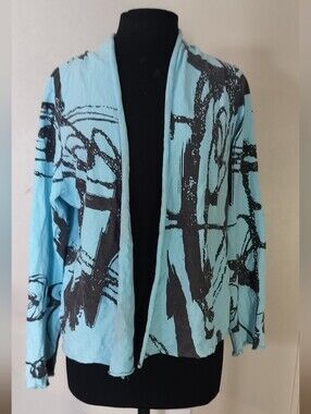 Light Blue Open-Front Abstract Print Cardigan